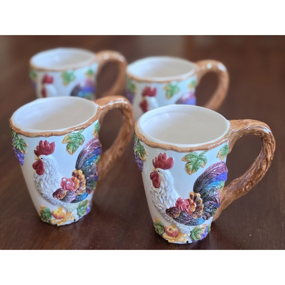 3D Rooster Coffee Mug SET OF 4 White Brown Multicolor Cup Ceramic Tea Drinkware
